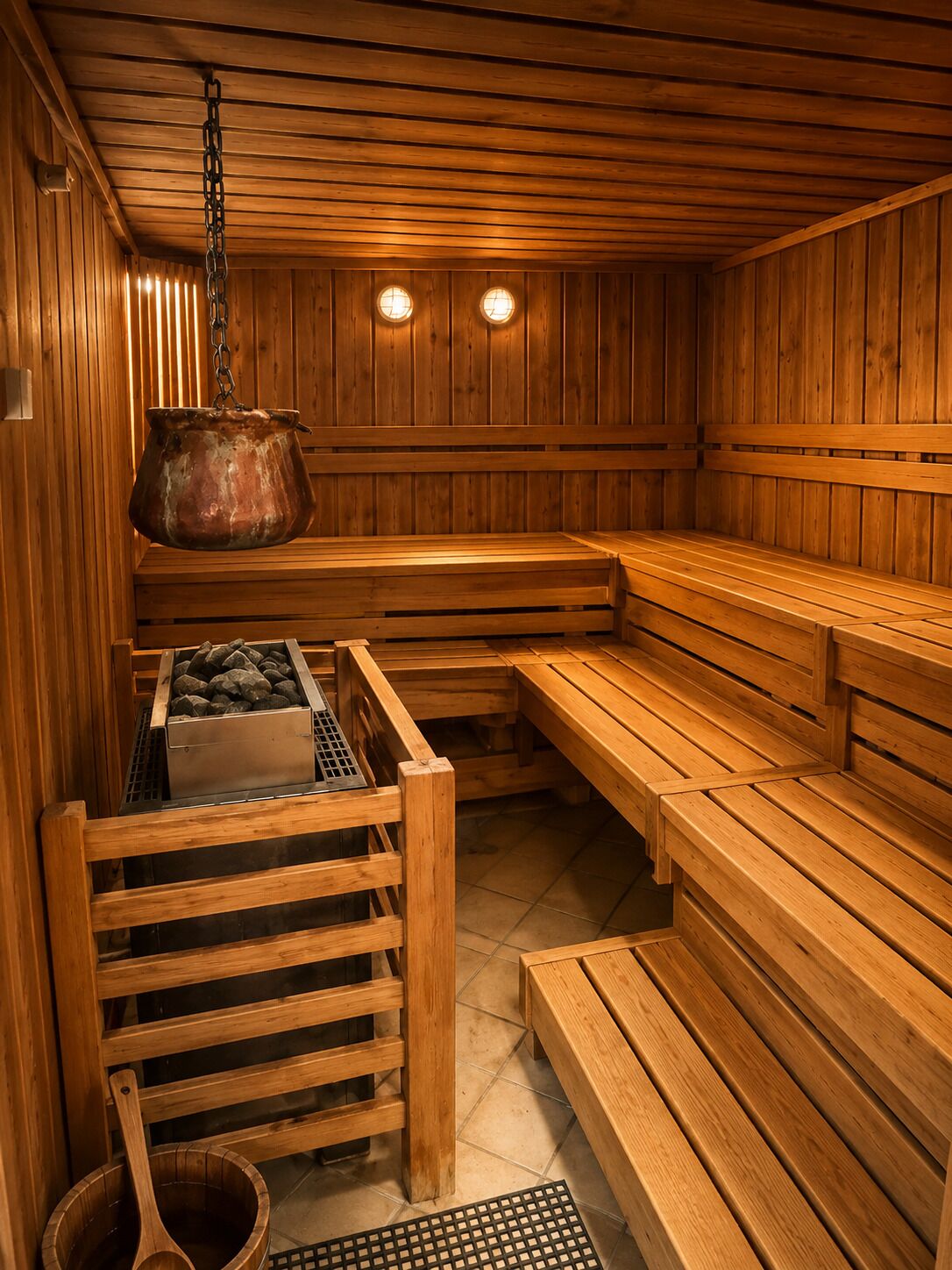 A sauna with wooden benches, a stone basin, and a metal container.