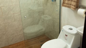 Un baño con cabina de ducha de vidrio, un inodoro y una toalla colgada en la pared.