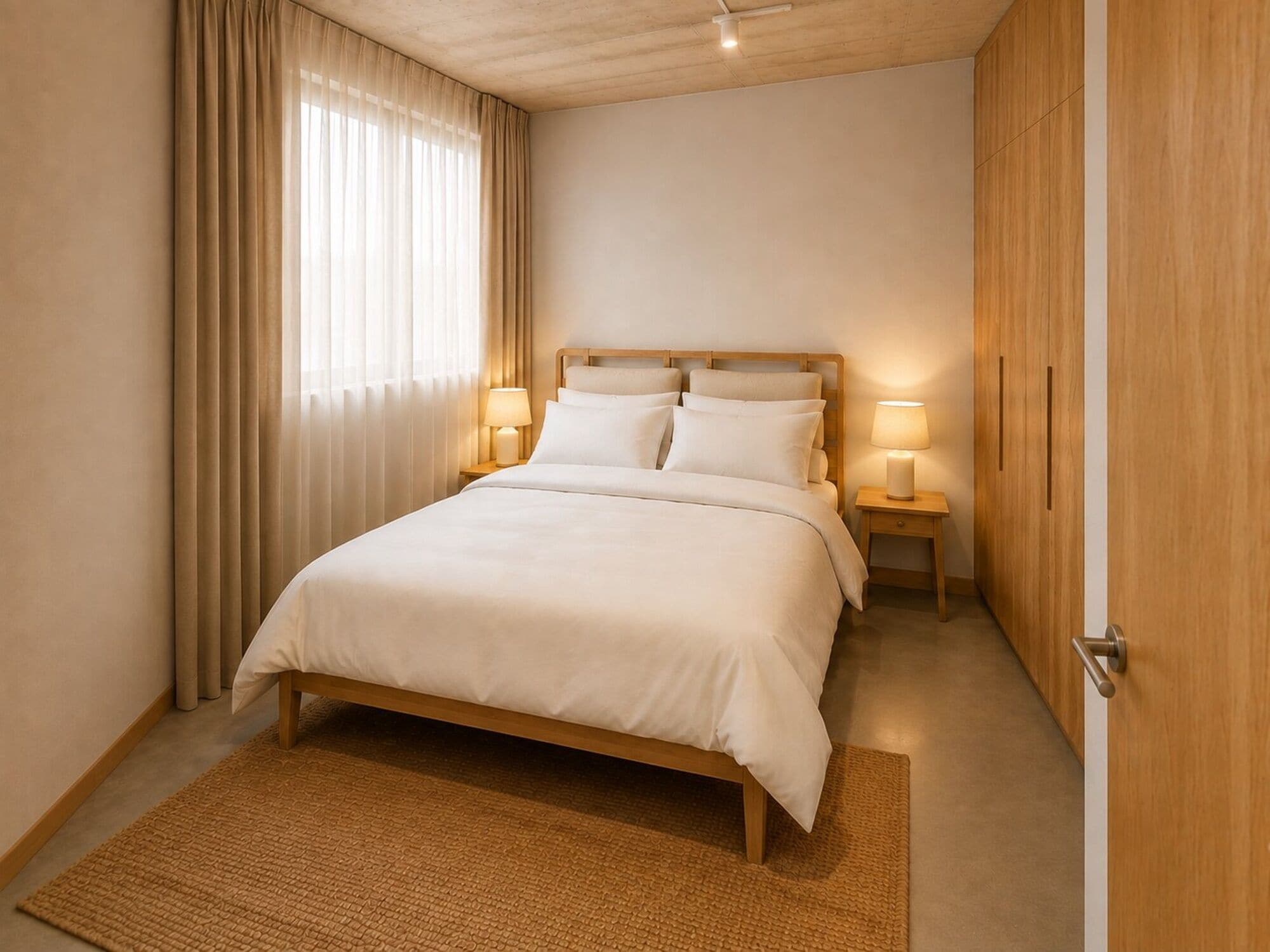 A bedroom with a bed, bedside lamps, a wooden wardrobe, and a window with curtains.