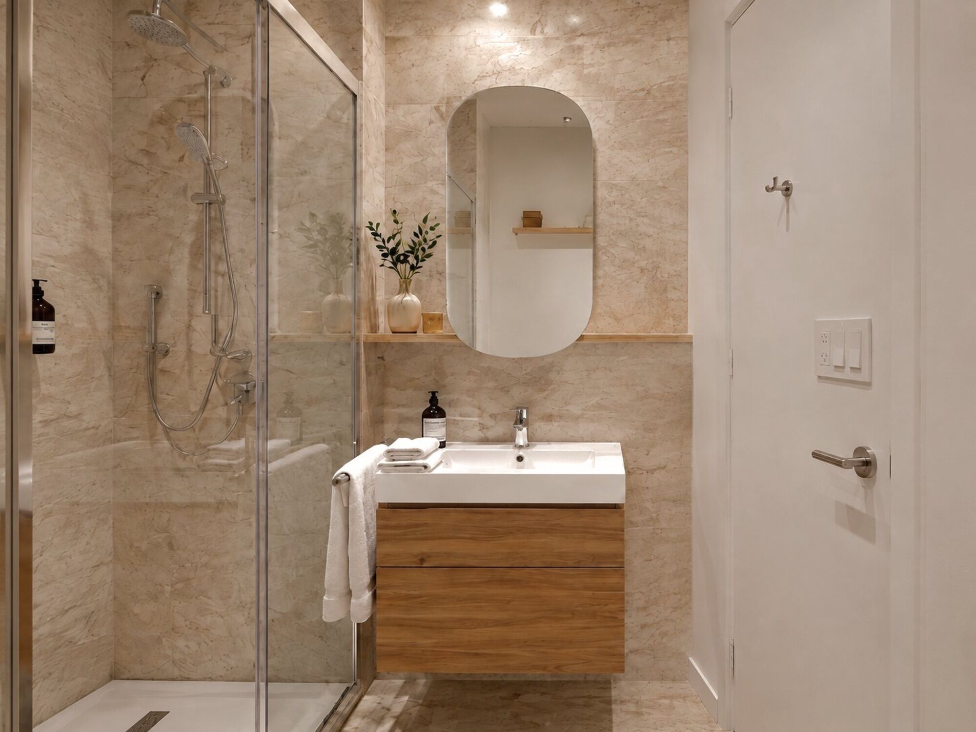 Un baño moderno con ducha de vidrio, tocador de madera con espejo y lavamanos blanco.