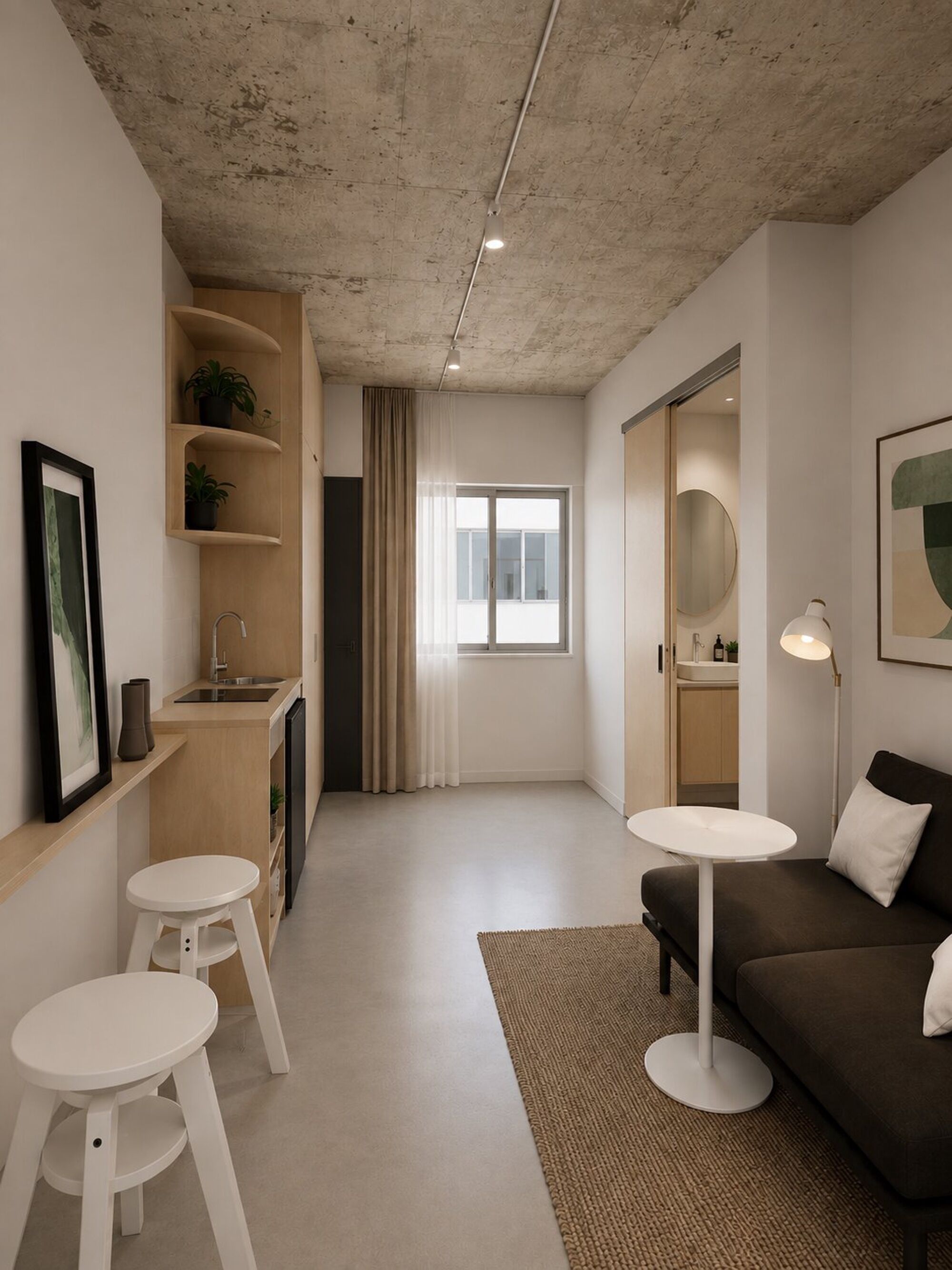 Un espacio habitable moderno con cocina, mesa de comedor, sofá y una pequeña zona de estar.