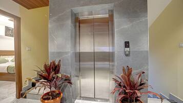 Un ascensor con pared de mármol, dos plantas en macetas y una pantalla digital.