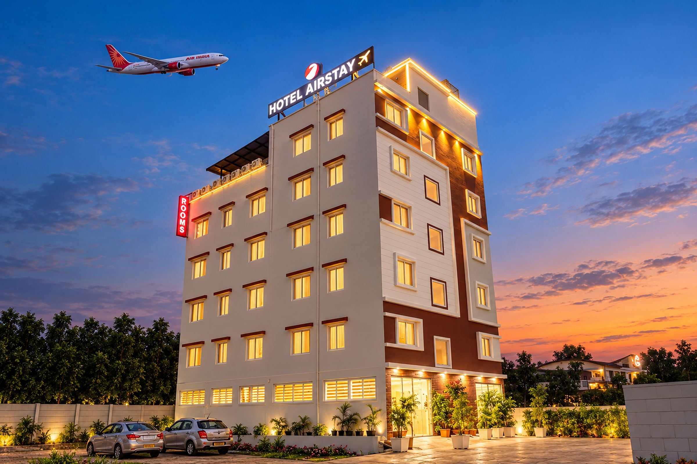 Un hôtel à plusieurs étages, avec une enseigne indiquant « HÔTEL AIRSTAY » et « CHAMBRES », clairement visible.