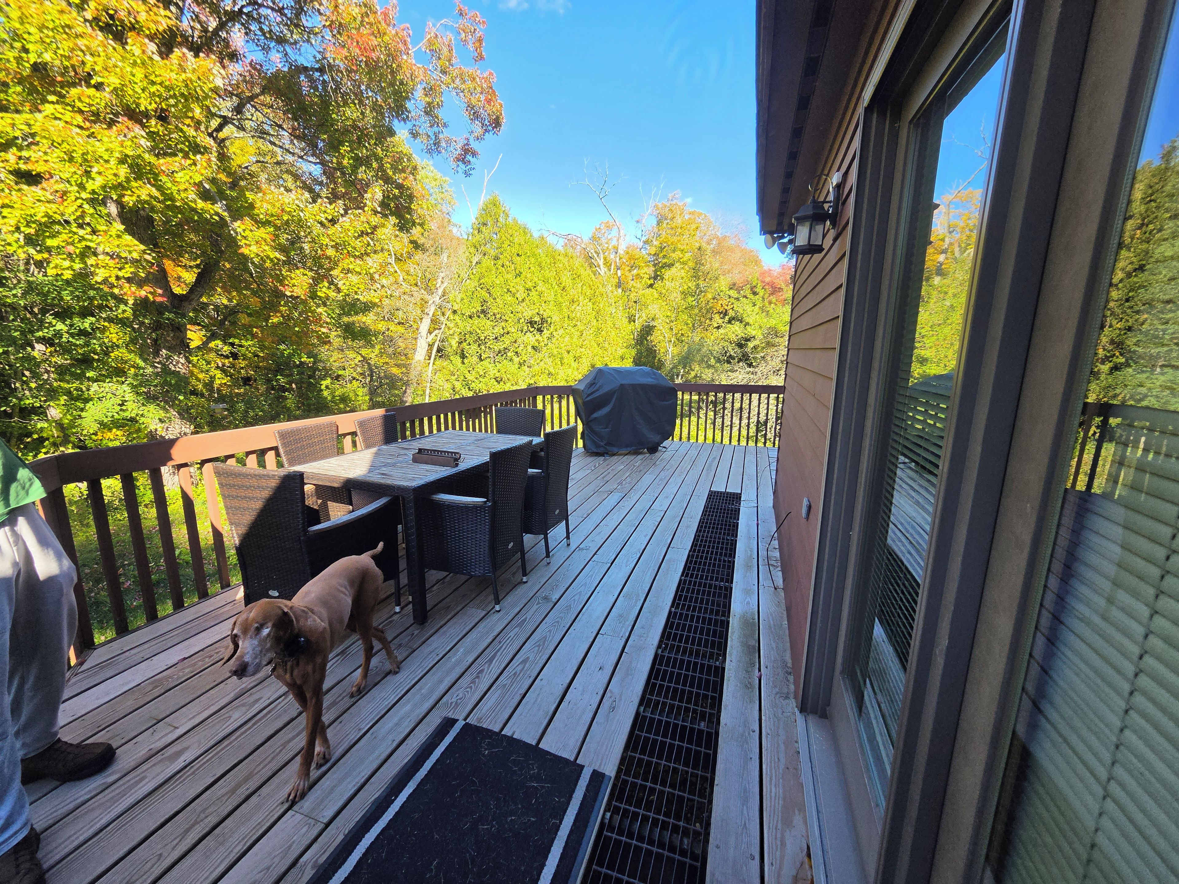 A wooden deck with outdoor furniture, a covered grill, and a view of trees.