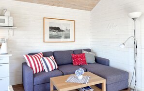 A modern living room with a grey sofa, striped and patterned pillows, a framed black and white photograph on the wall, a wooden coffee table with a vase of flowers, and a floor lamp. - Beach front home in Kungshamn Hovenäset with sauna (Kungshamn Hovenäset)