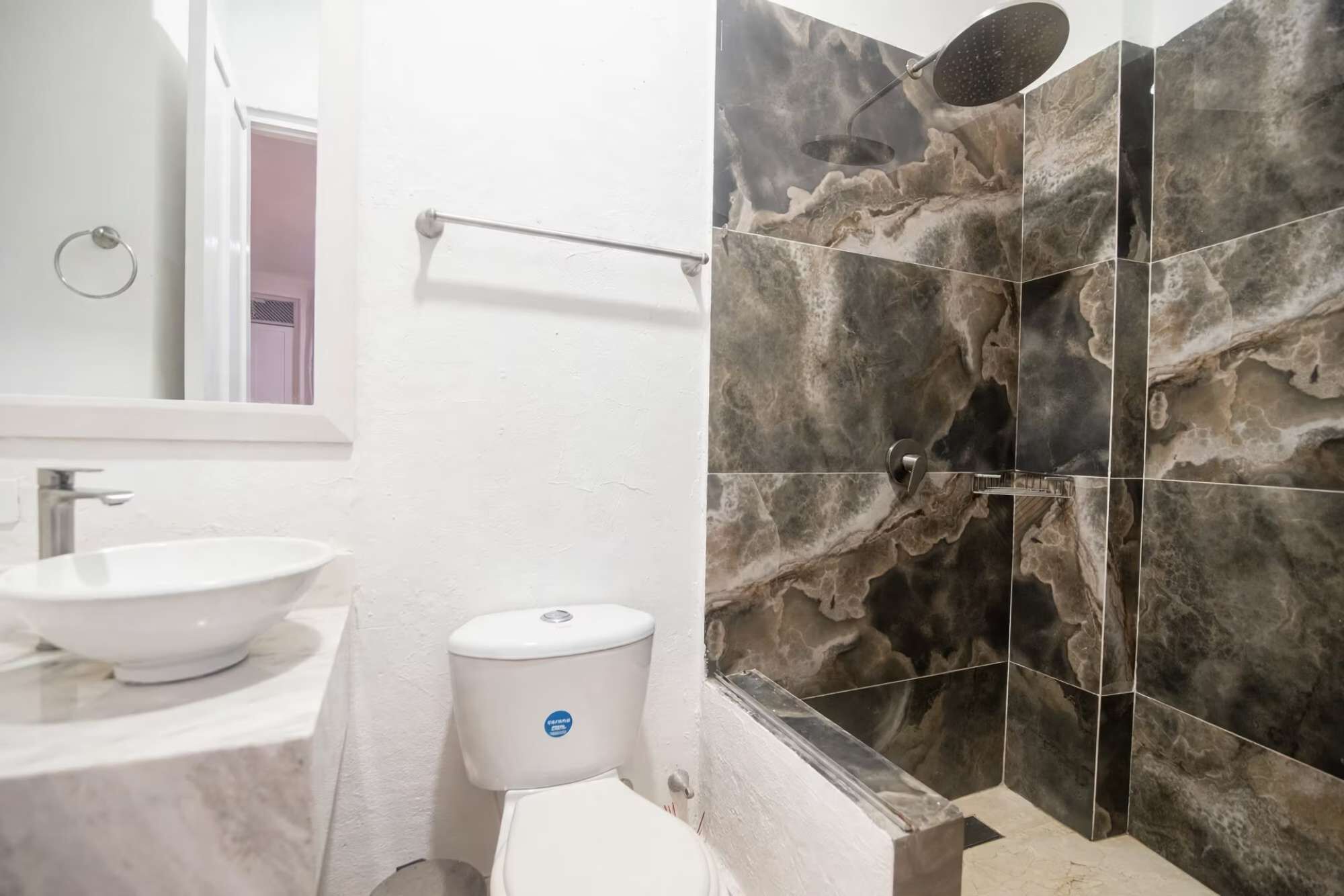 A bathroom with a white sink, a toilet, and a shower with a rain showerhead.