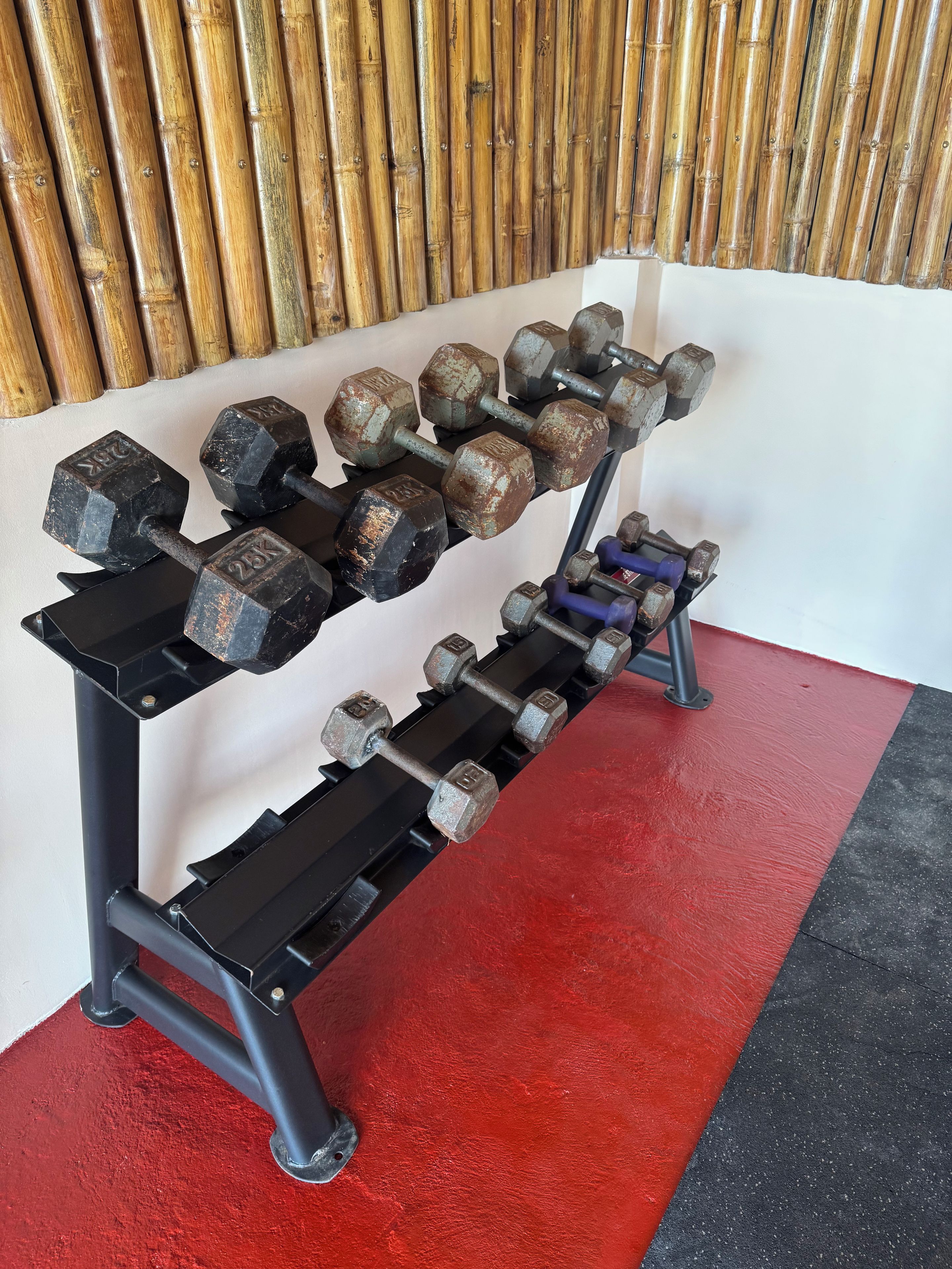 A set of adjustable dumbbells on a rack with a red and black floor.