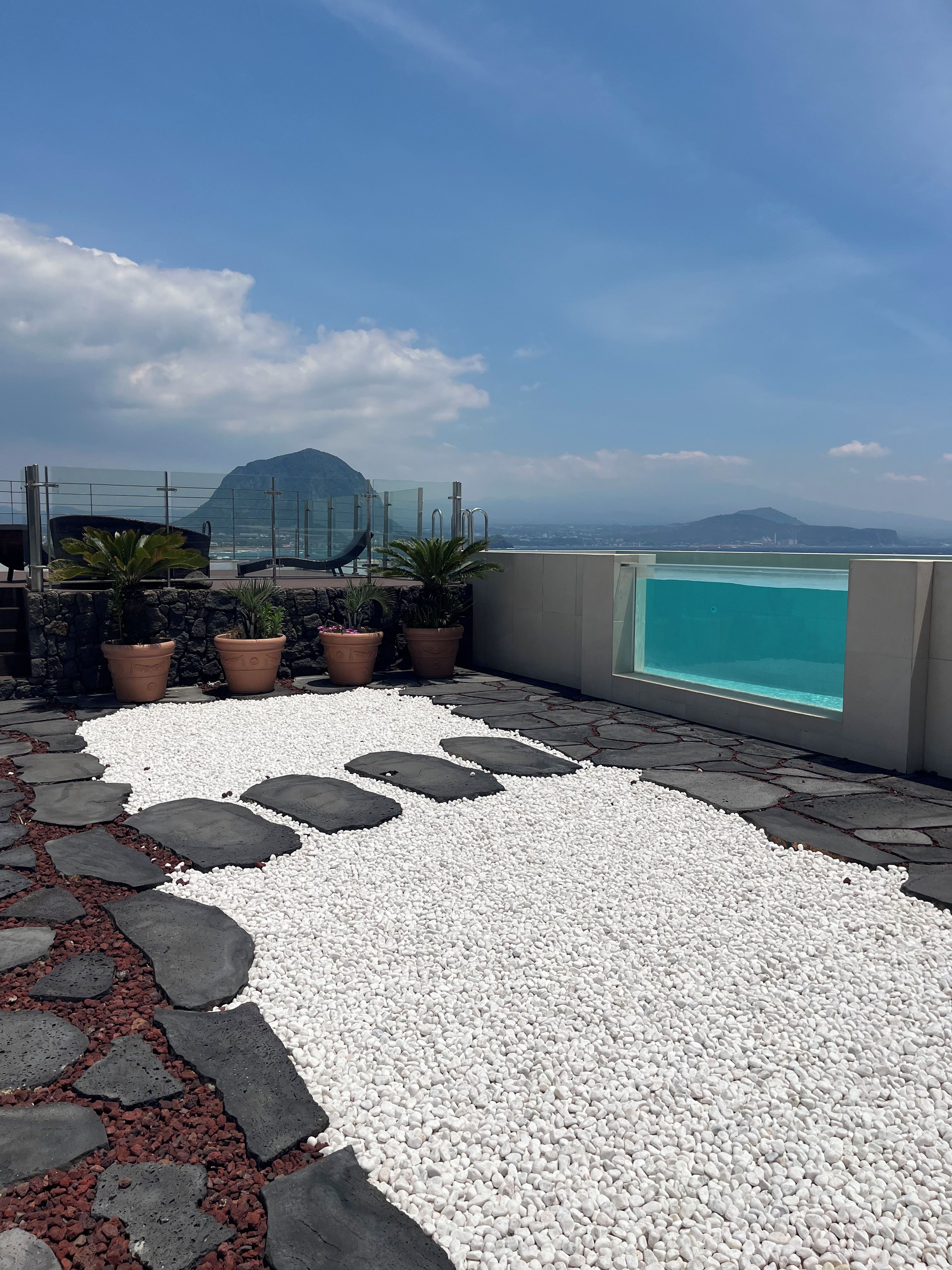 Una terraza en la azotea con piscina, plantas en macetas y un sendero de guijarros.