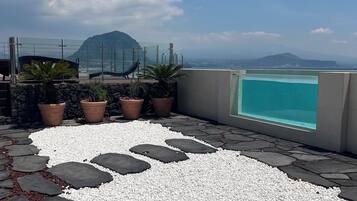Una terraza en la azotea con piscina, plantas en macetas y un sendero de guijarros.