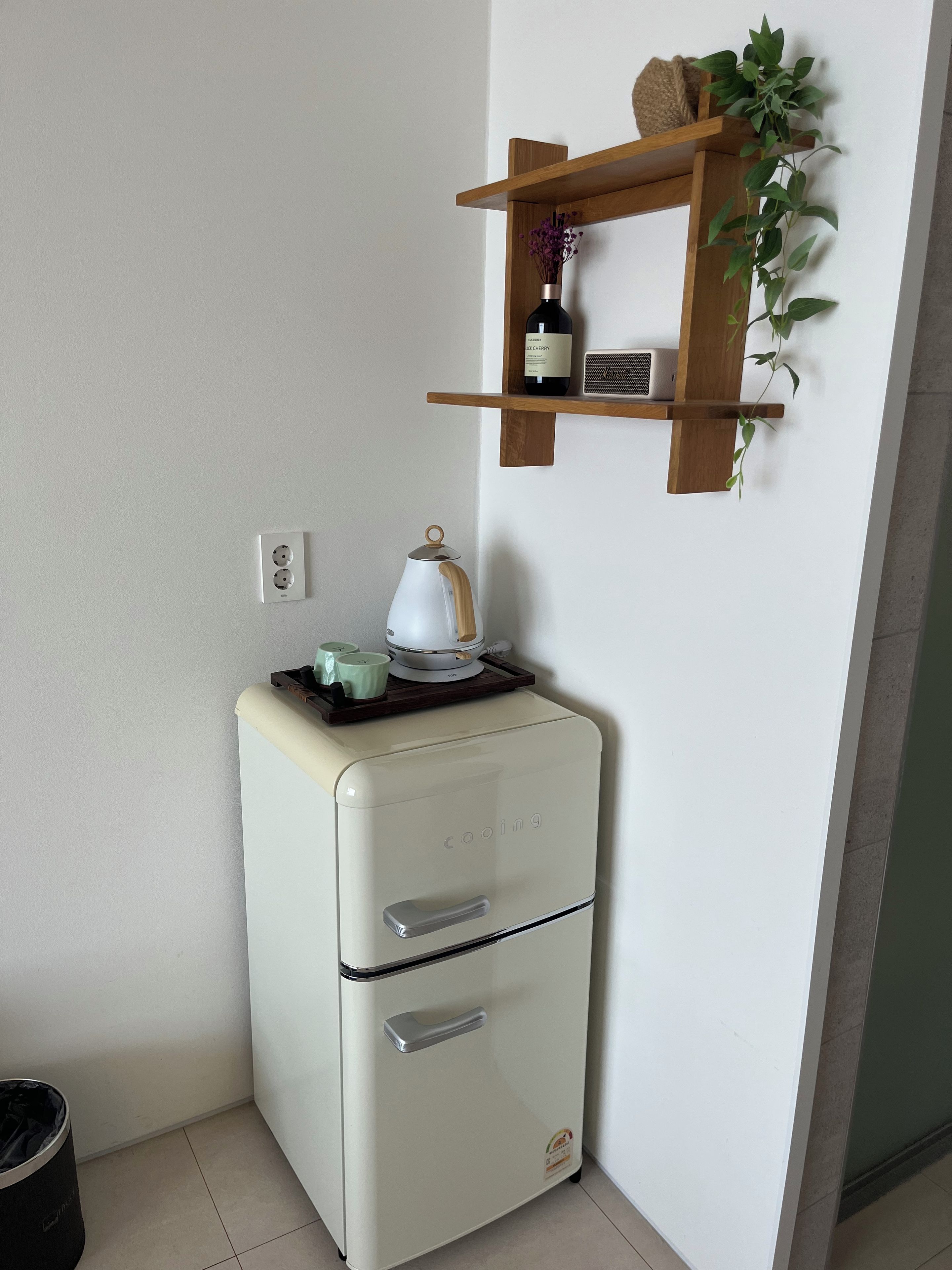 A white vintage-style refrigerator with a tea kettle on top, a small wooden shelf above with a bottle and a plant, and a trash bin to the left.