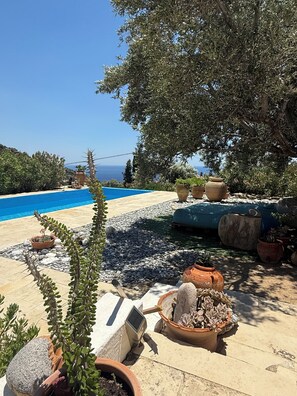 A pool area with a view of the sea, surrounded by potted plants and outdoor furniture. - Studio with magnificent sea view and gardens (Kastri)