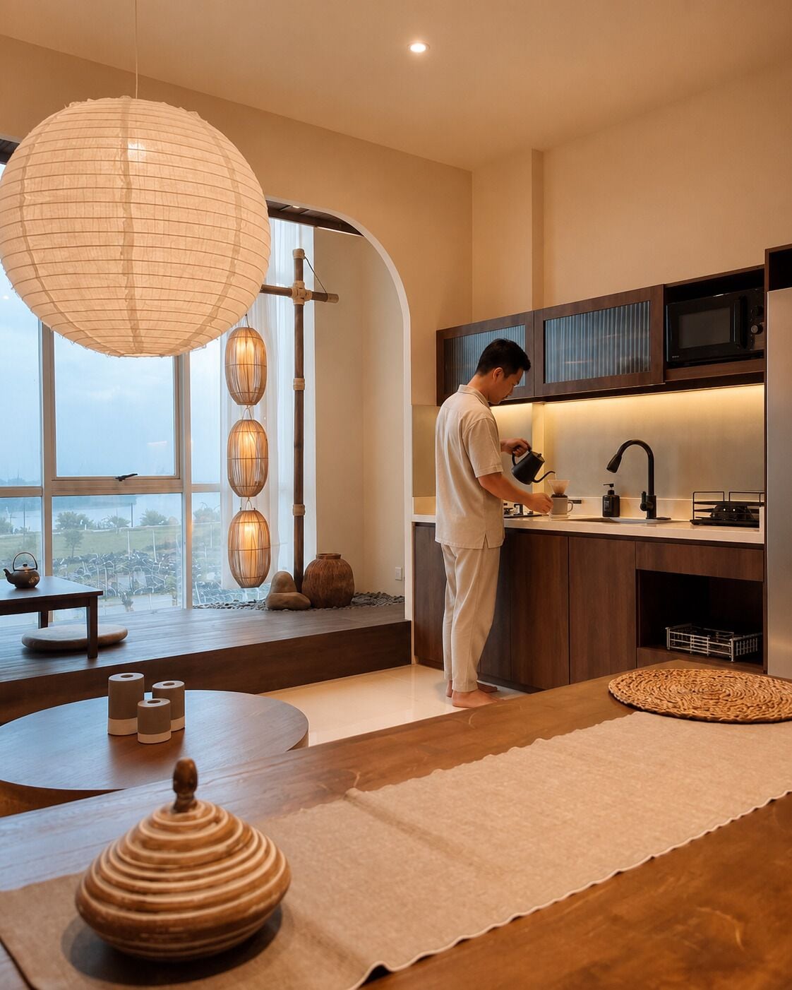 A modern kitchen with a large window, a hanging light fixture, and a person preparing a drink.