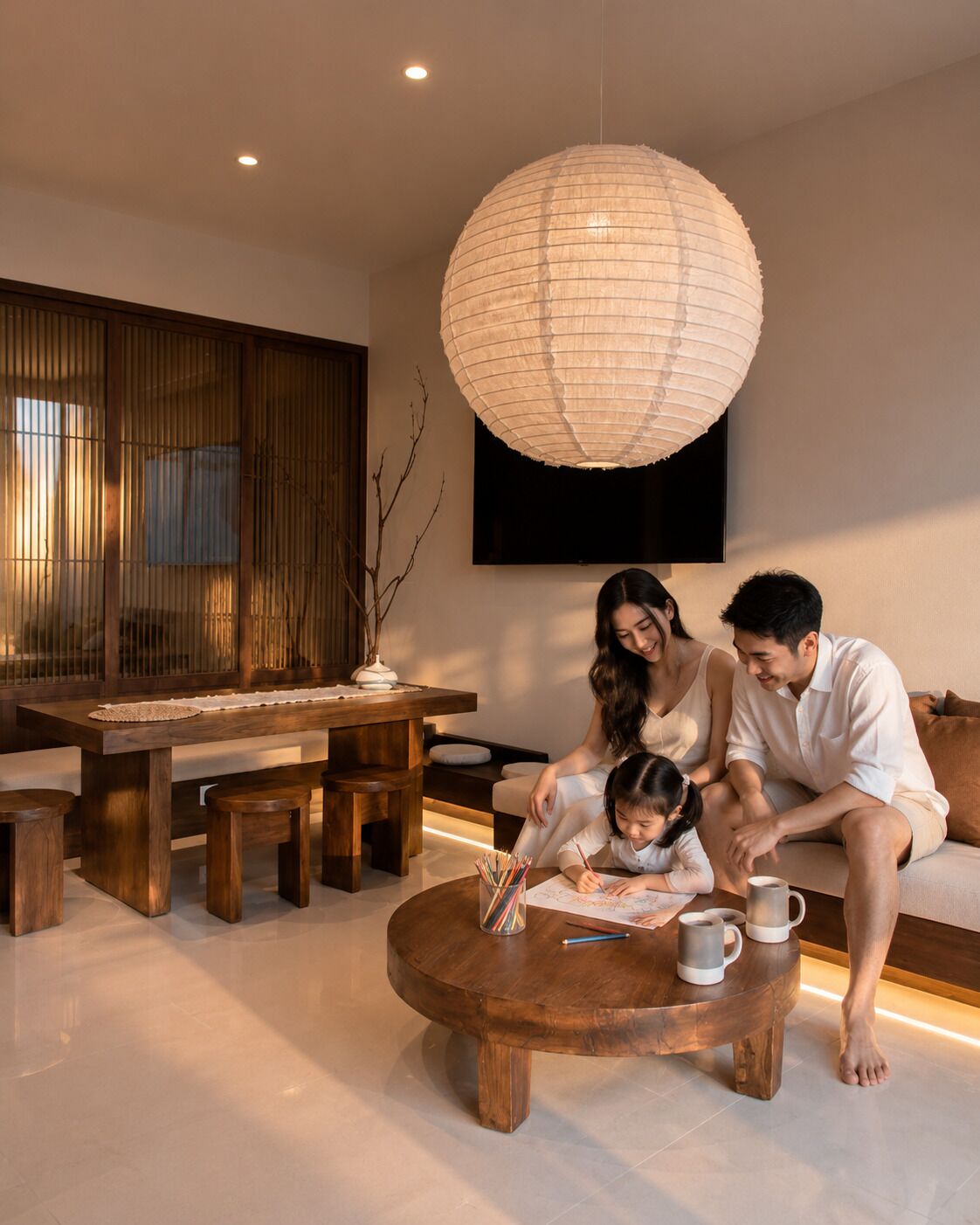 A modern living room with a round coffee table, a dining area with a wooden table and benches, and a large hanging light fixture.