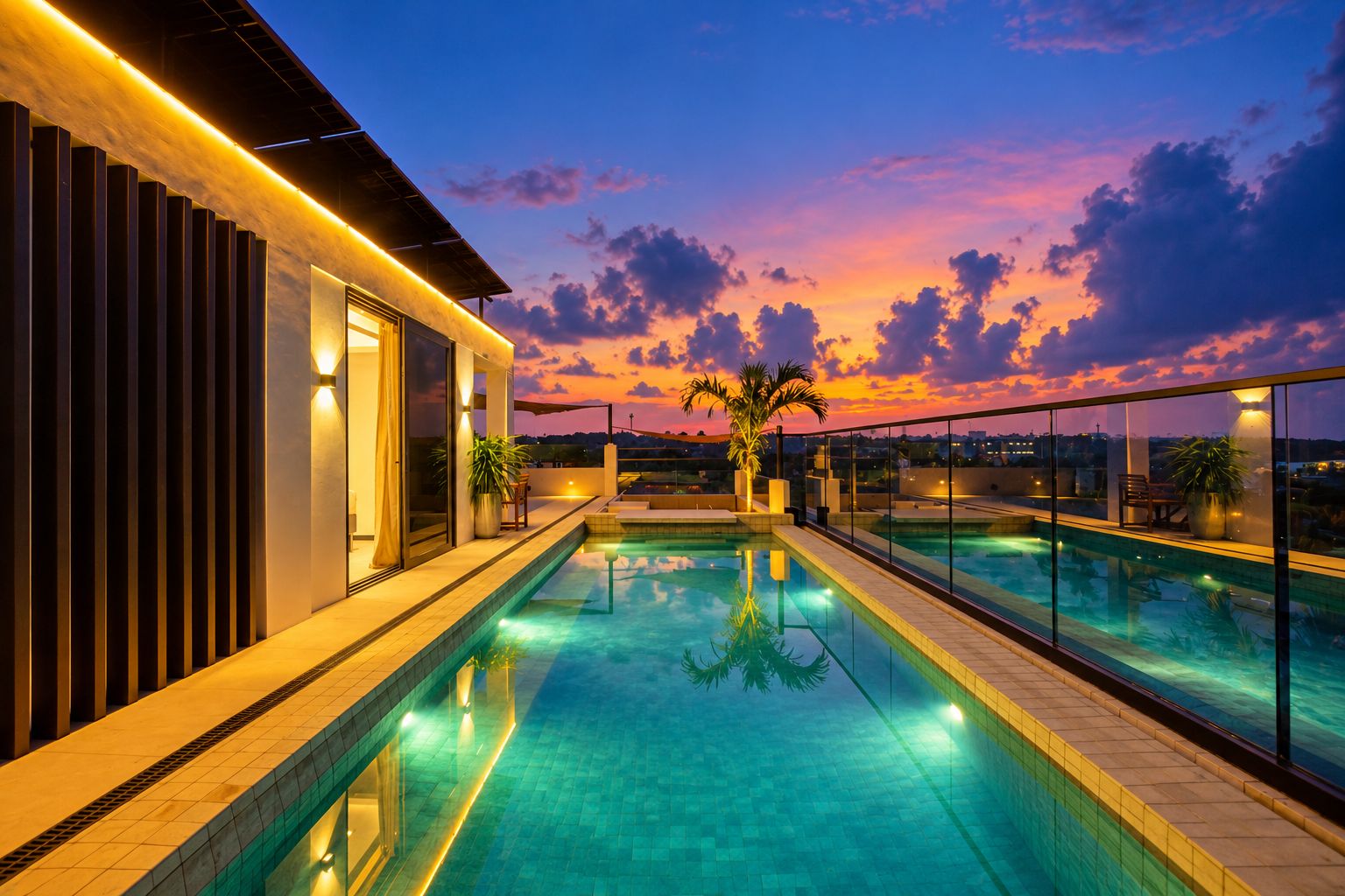 A rooftop swimming pool with a sunset view, modern architecture, and outdoor seating.