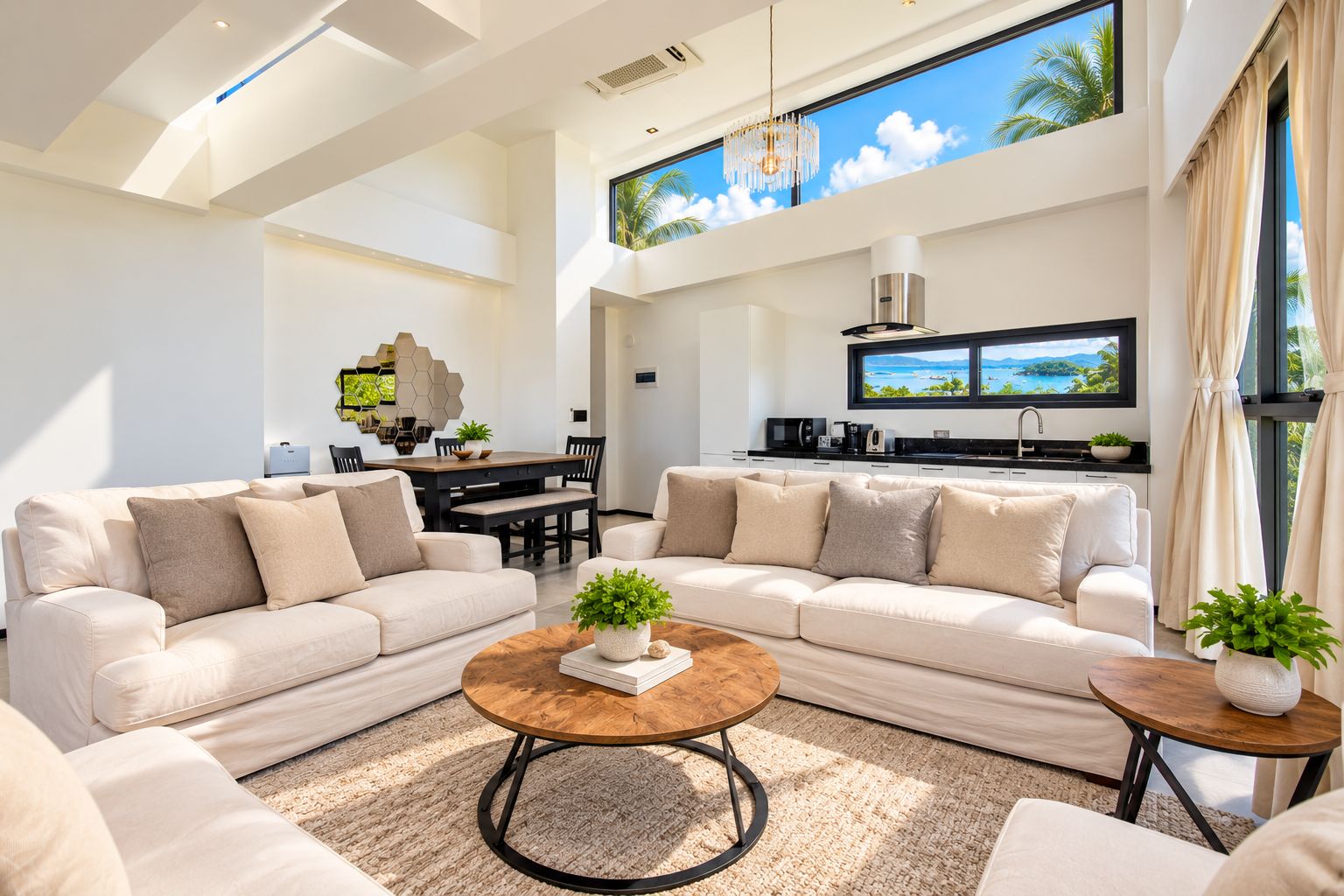 A spacious living area with a large sofa set, a coffee table, and a dining table.