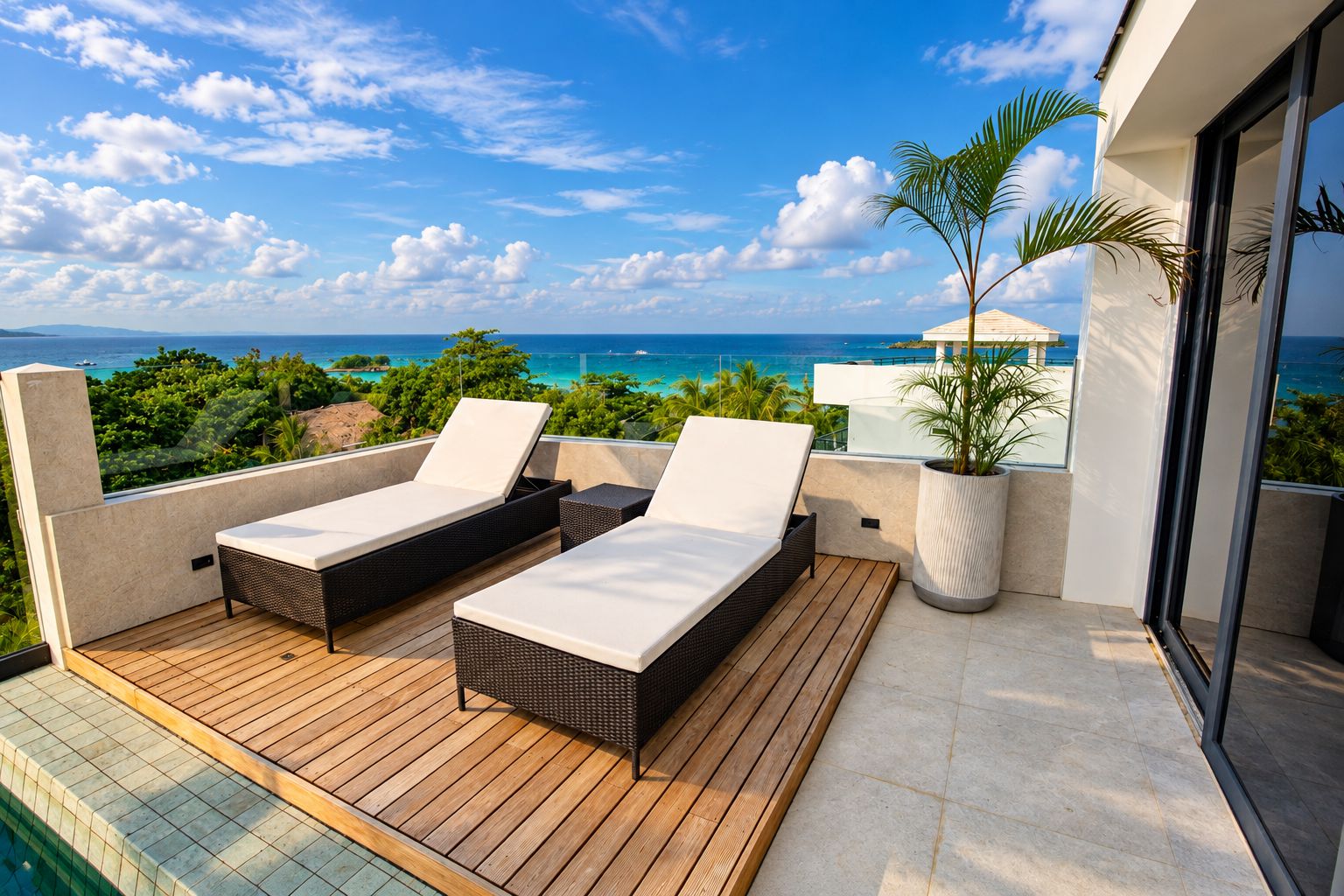A balcony with two lounge chairs, a potted plant, and a view of the ocean.