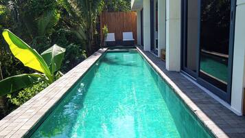 A rectangular swimming pool with clear water, surrounded by lush greenery and a wooden fence.