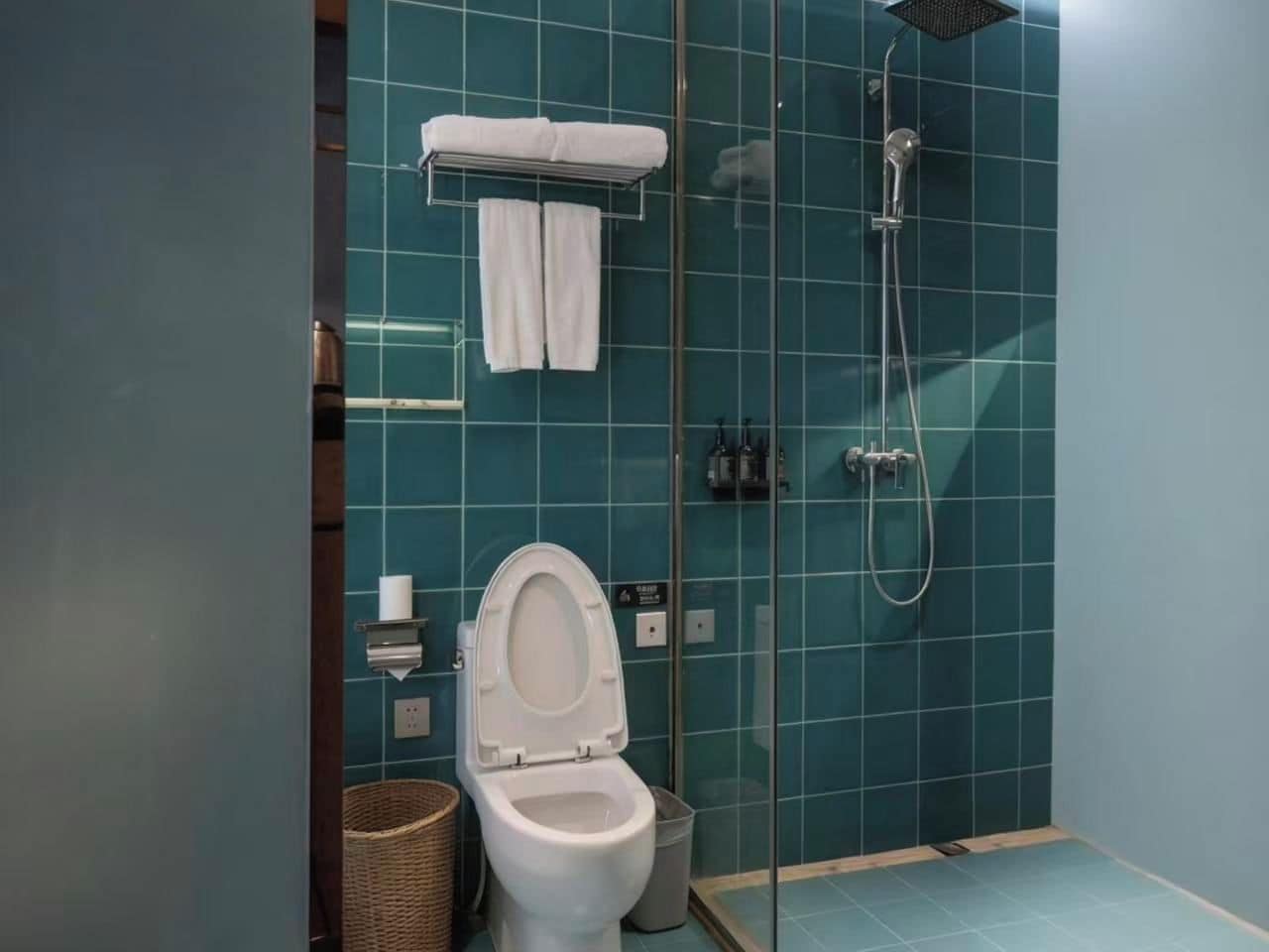 A bathroom with a toilet, a shower, and a glass partition.