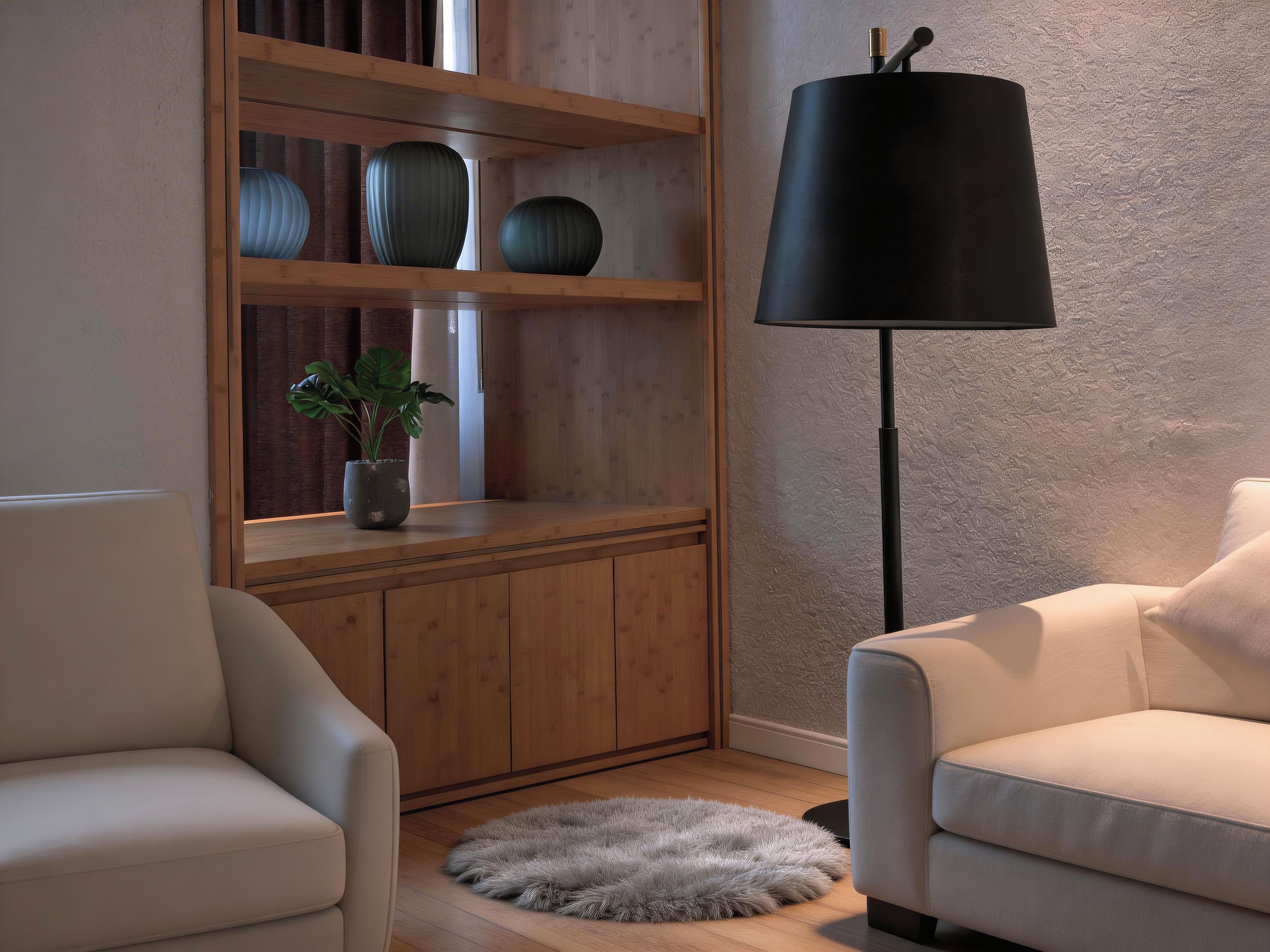 A modern living room with a sofa, a lamp, a wooden shelving unit with decorative items, and a fluffy rug.