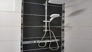 A shower with a handheld showerhead and a wall-mounted rain showerhead. - Apartment in Bodenmais near Grosser Arber (Bodenmais)