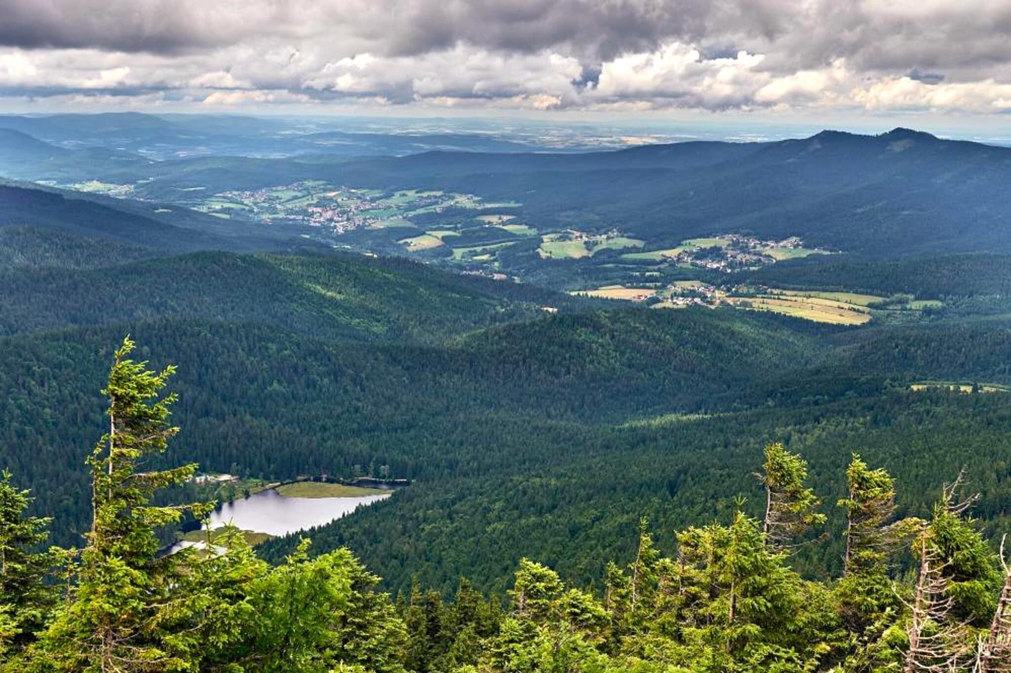 A mountainous landscape with dense forests, a lake, and scattered settlements.