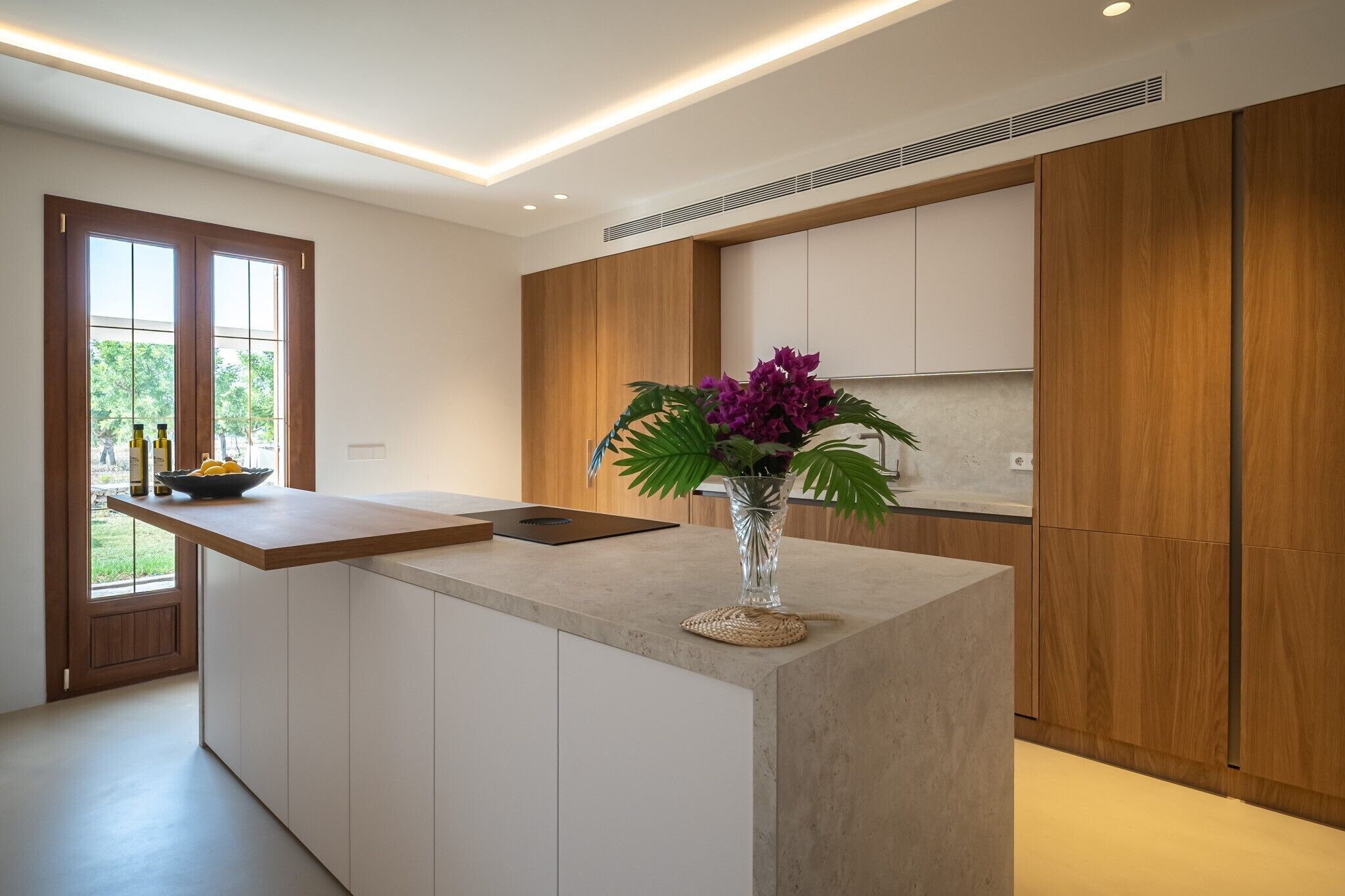 Une cuisine moderne dotée d’un îlot central, de meubles en bois et offrant une vue à travers une porte vitrée.