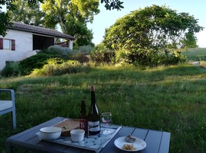 Mesa de comedor al aire libre con una botella de vino, una copa y alimentos.