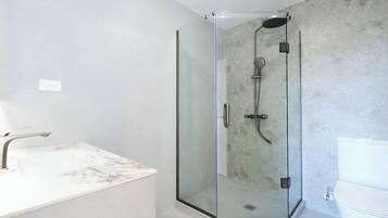 Ein modernes Badezimmer mit einer gläsernen Duschkabine, einem weißen Waschbecken und einer Toilette.