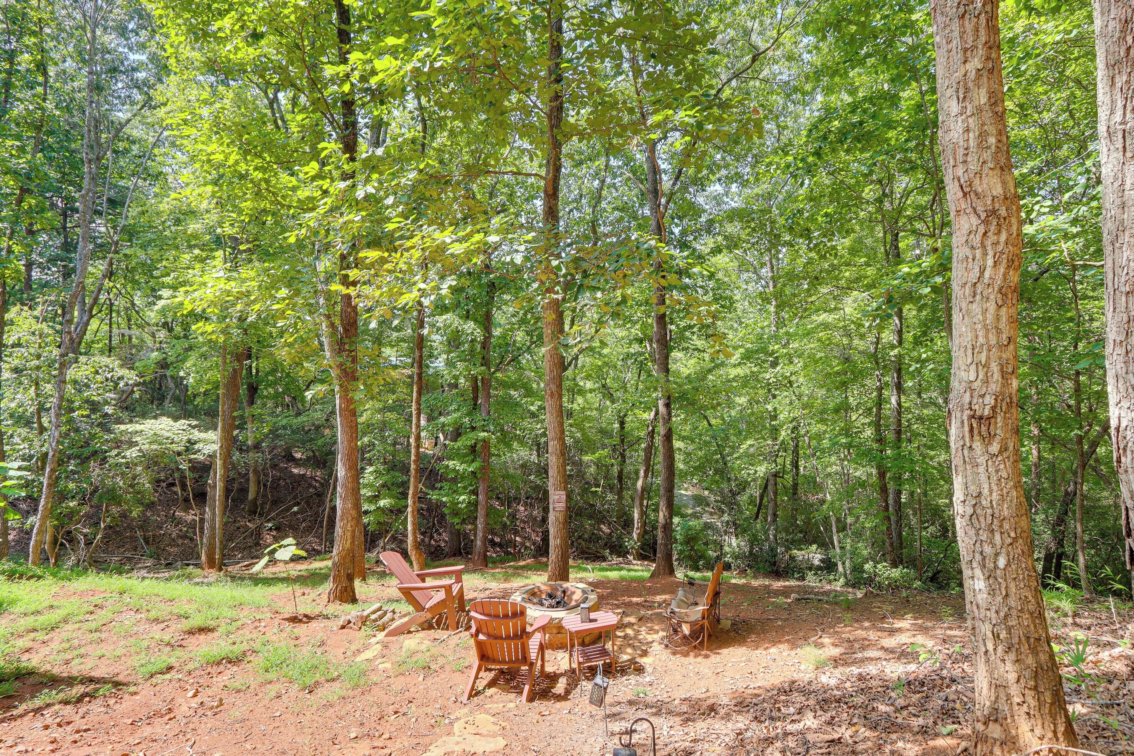 A forest with a table and chairs set up for outdoor dining.