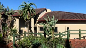 A building with a red-tiled roof, surrounded by lush greenery including large palm trees. - The Dolphines Hive View (iLembe District Municipality)