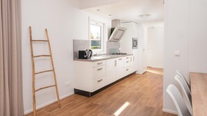 A modern kitchen with white cabinetry, a wooden ladder, and a view of the outside.