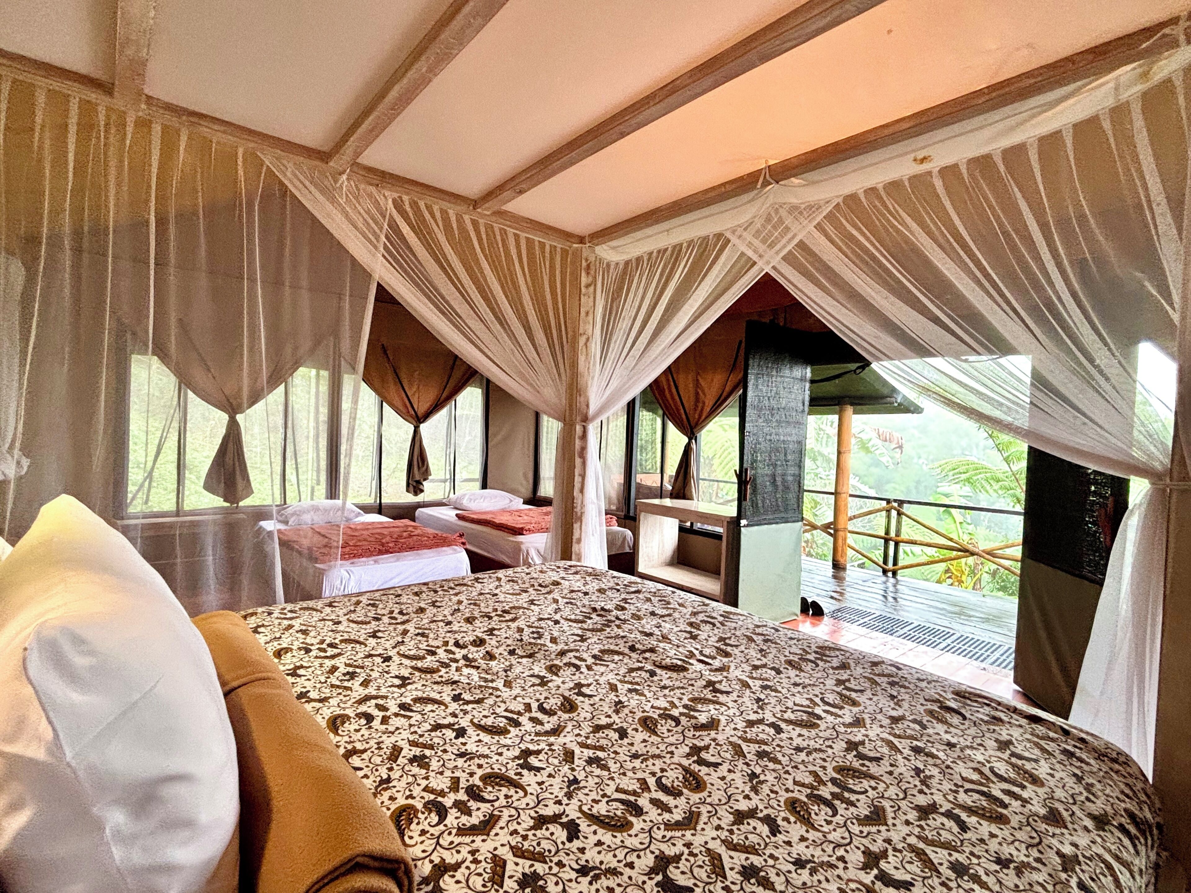 A room with a bed, a bench, and a view of the outdoors.