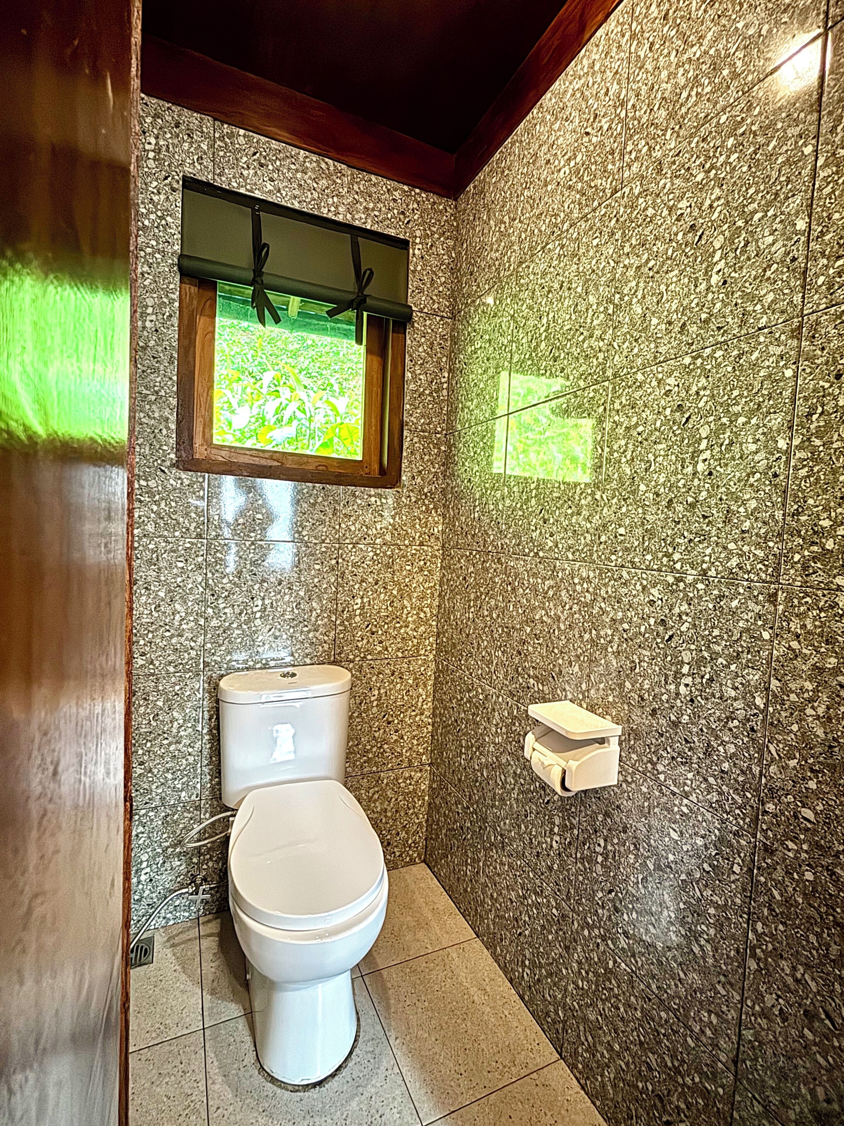 Ein Badezimmer mit Toilette, Fenster und gefliesten Wänden.