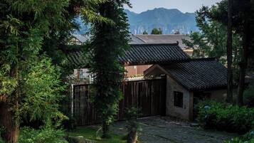 Un bâtiment de style japonais traditionnel, avec un toit recouvert de tuiles, entouré d’une végétation luxuriante et bordé d’un sentier en pierre.