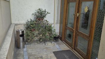 A storefront with a sign reading 'Safiya Boutique,' a metal trash bin, a potted plant with sunflowers, and a patterned entrance door.