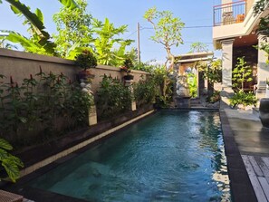 Una piscina con borde de piedra, rodeada de exuberante vegetación y un muro de piedra.