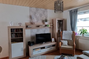 A living room with a television, bookshelf, wicker chair, and a window with curtains. - Holiday apartment Wolkenbruch (Trendelburg \/Friedrichsfeld)