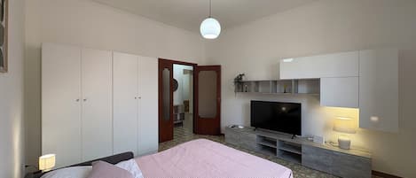 A bedroom with a bed, a TV, and a wardrobe.