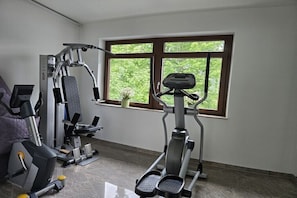 Ein Heimfitnessraum mit Trainingsgeräten, ein Fenster mit Blick auf Grünflächen und ein violetter Sessel.
