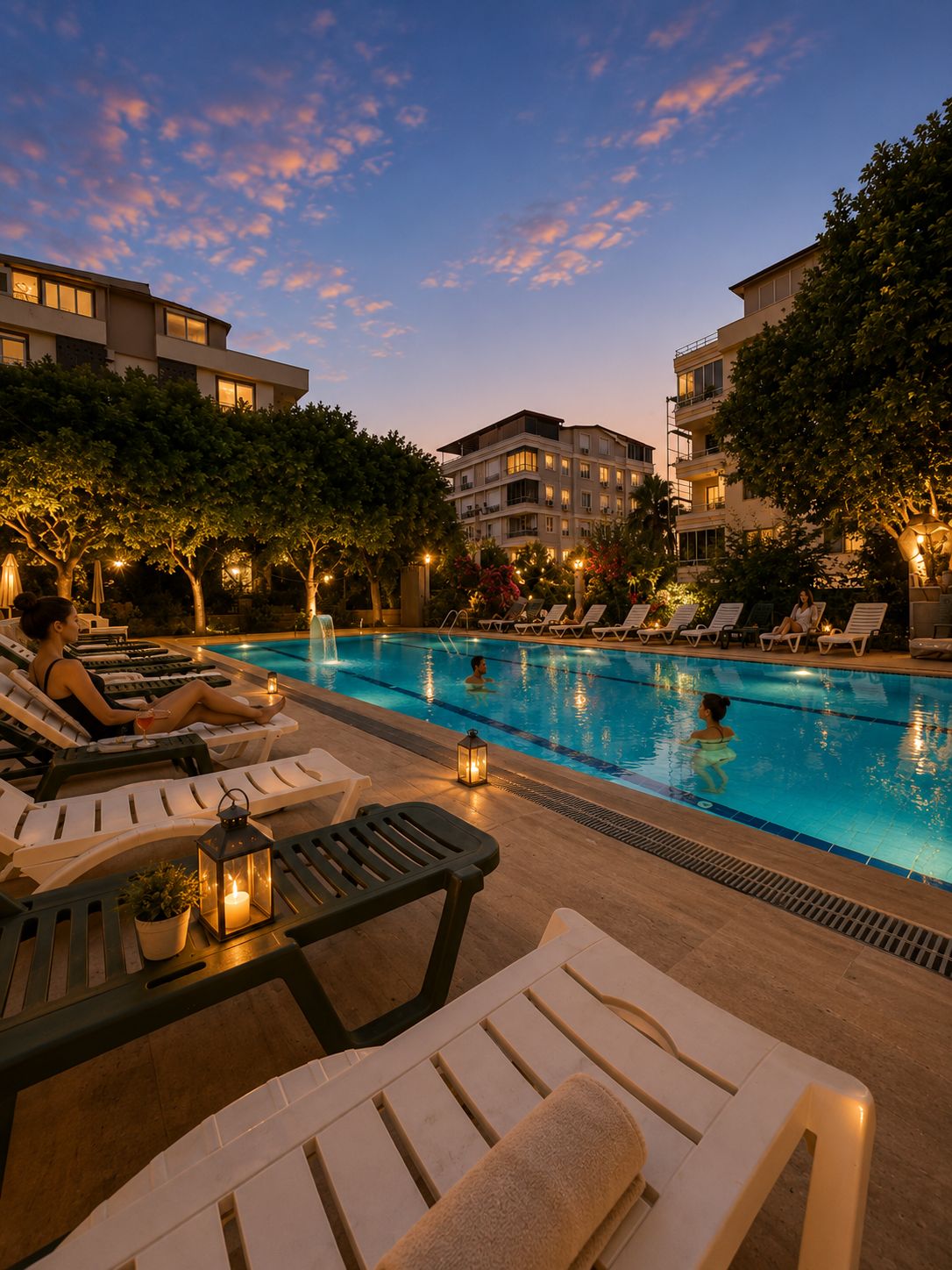 A poolside area with lounge chairs, a swimming pool, and a building in the background.