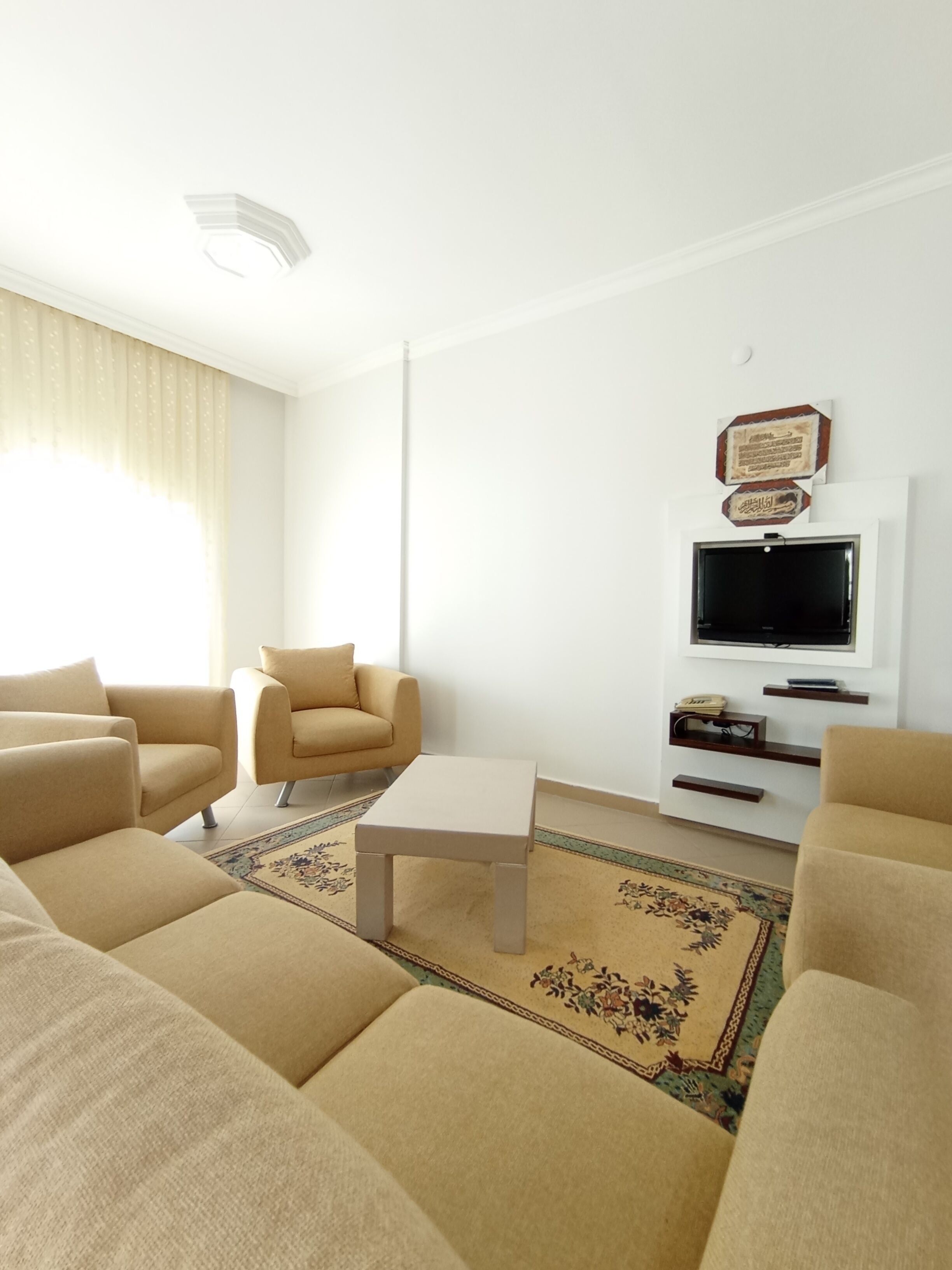 Una sala de estar con un sofá, una mesa de centro, un televisor y un tapete decorativo.