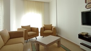 Una sala de estar con dos sofás, una mesa de centro, un televisor y una alfombra estampada.