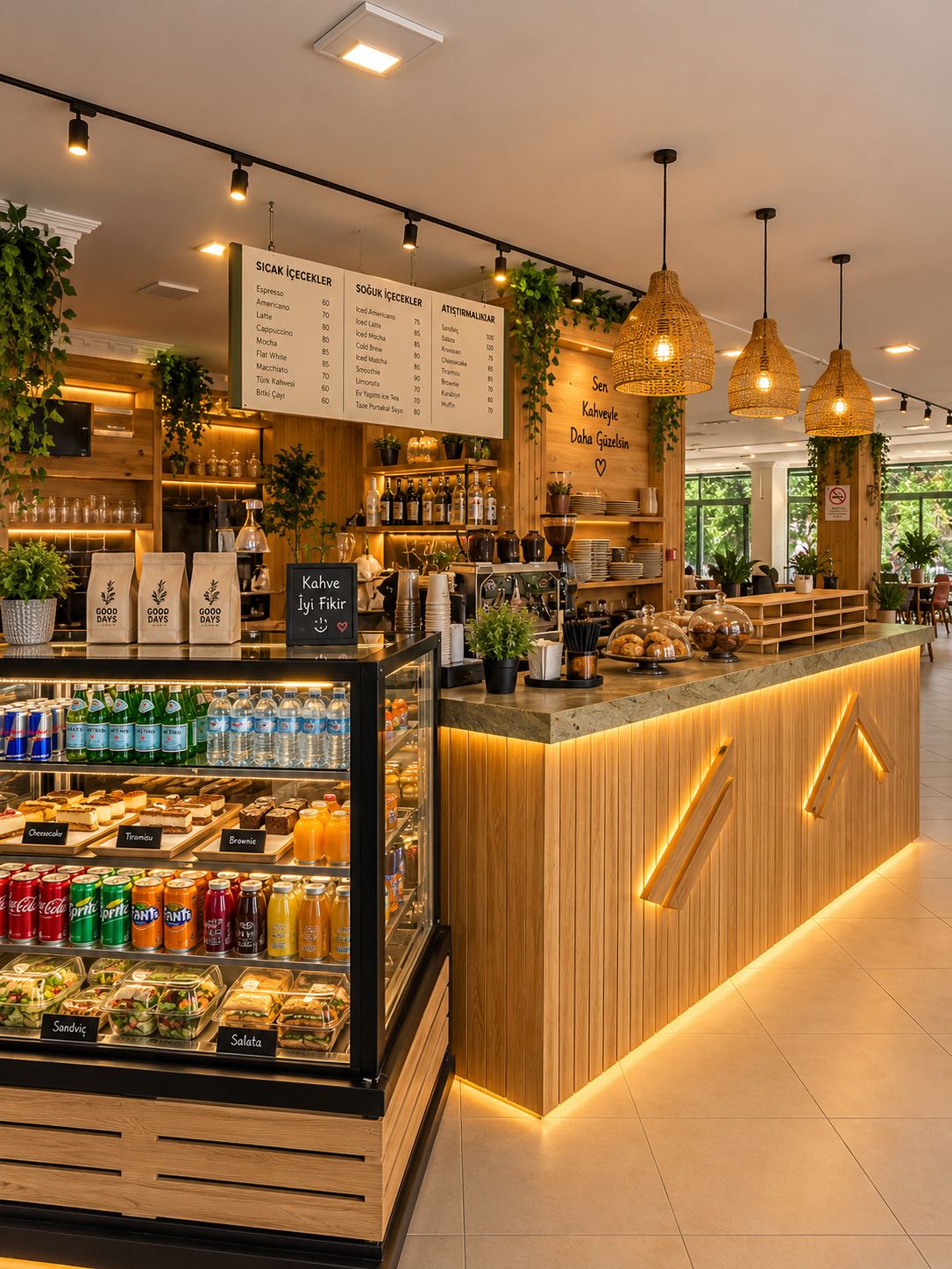 Een café met een houten toonbank, een menubord en een koelvitrine met drankjes en snacks.