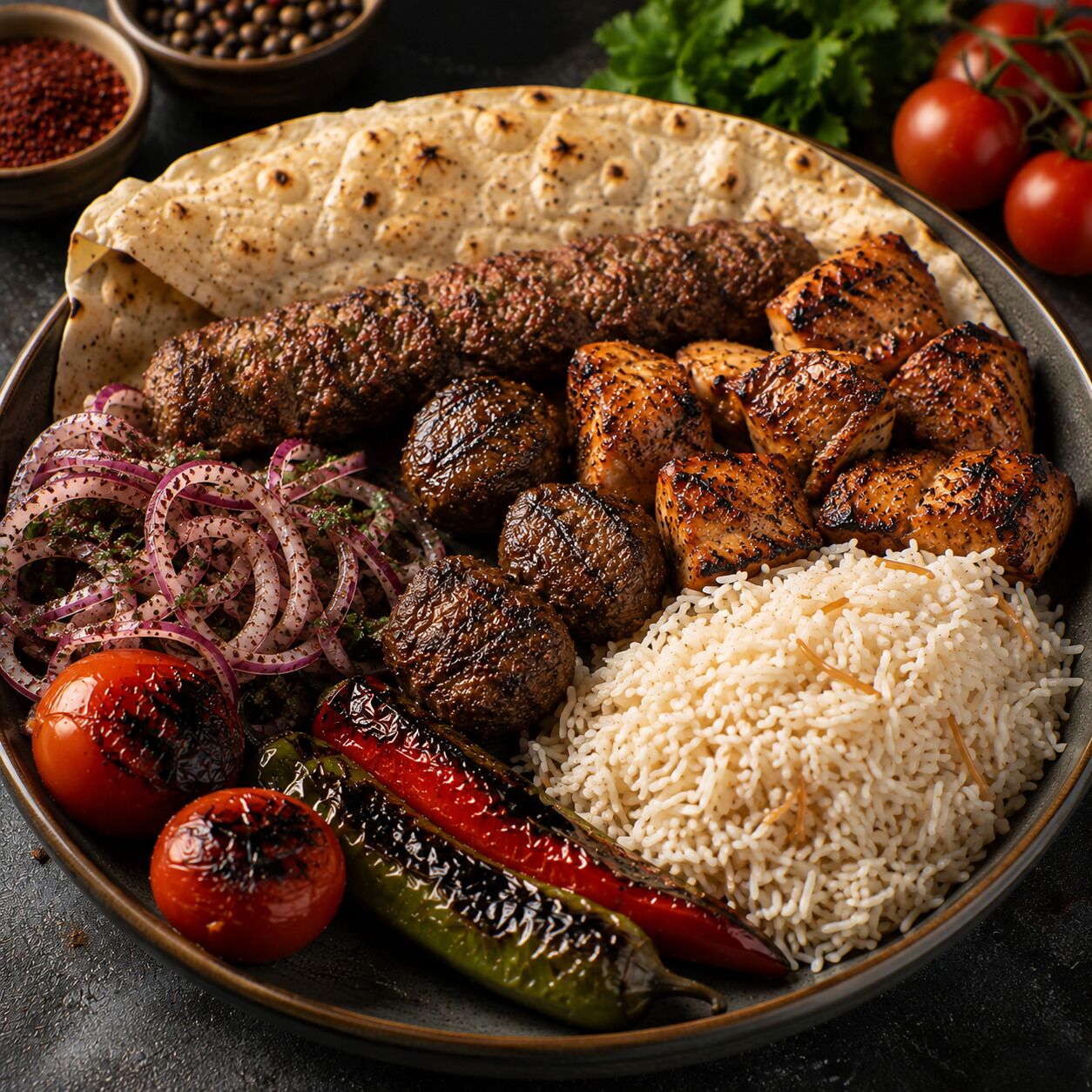 Une assiette de nourriture comprenant de la viande grillée, du riz et des légumes.