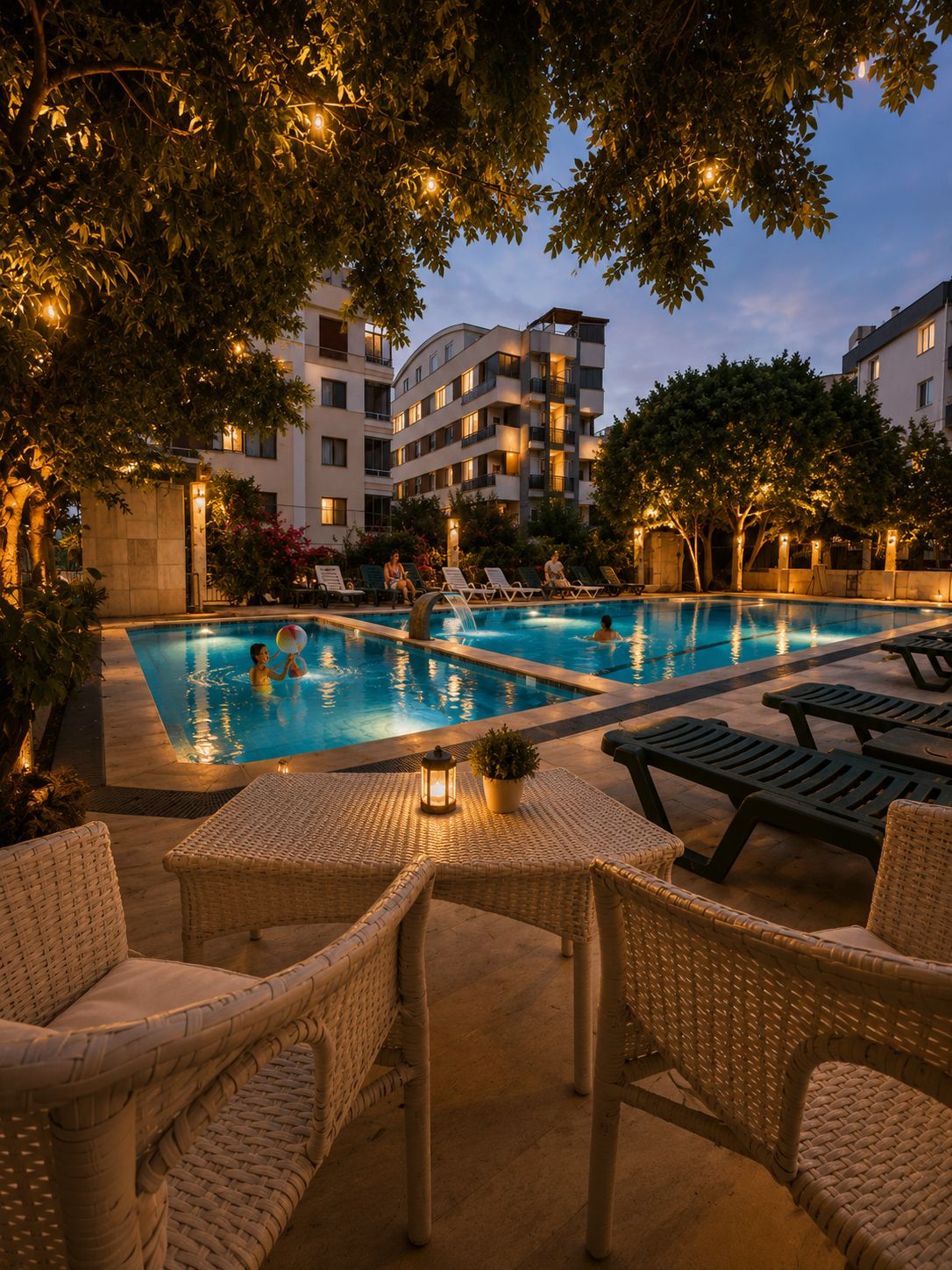 A swimming pool with lounge chairs and tables, surrounded by trees and buildings.