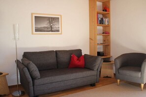 Un salon avec un canapé gris, un coussin rouge, une bibliothèque en bois et un tableau encadré accroché au mur.