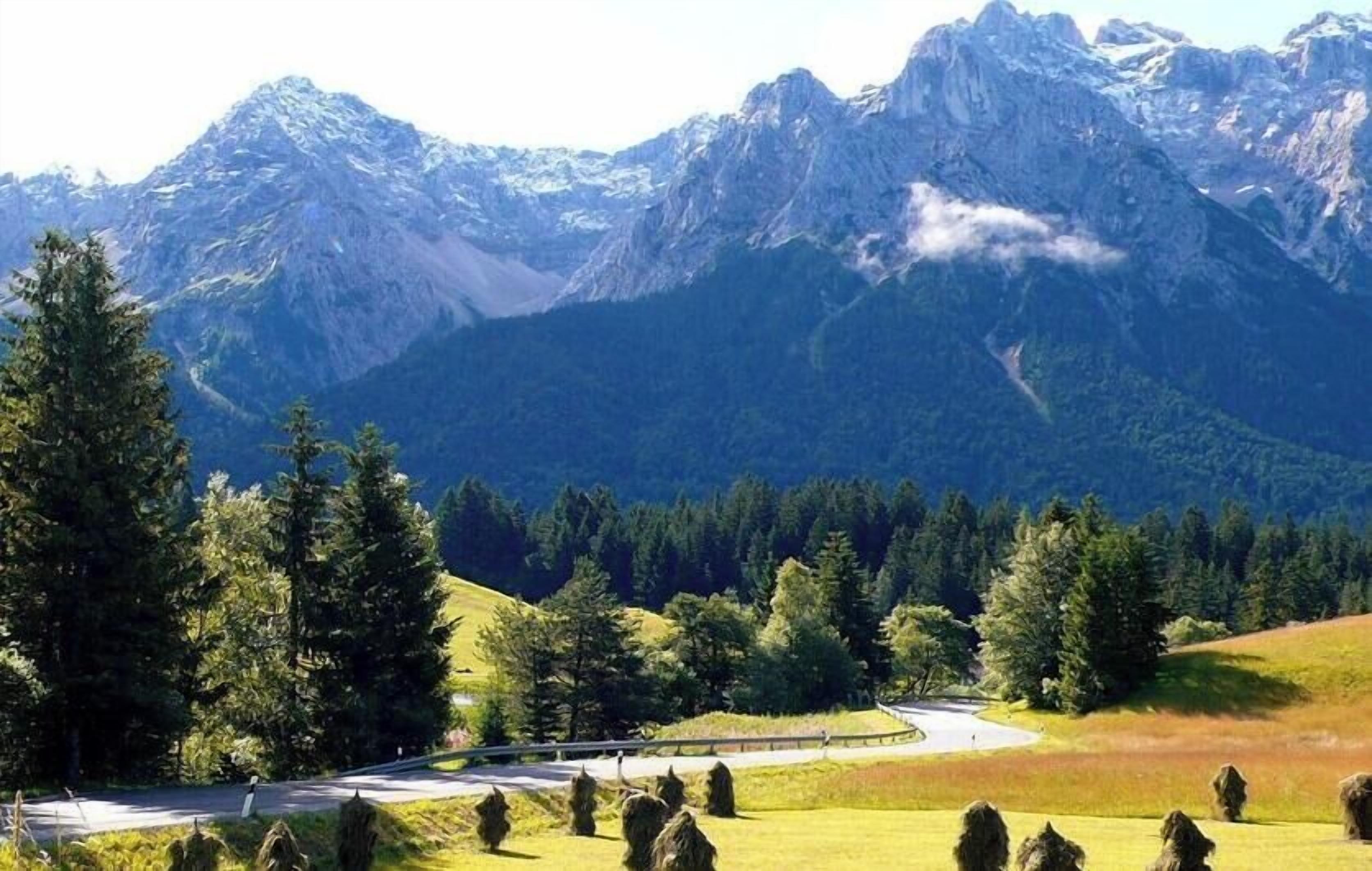 Un paysage montagneux avec une route sinueuse traversant une vallée verdoyante, des arbres et un ciel dégagé.