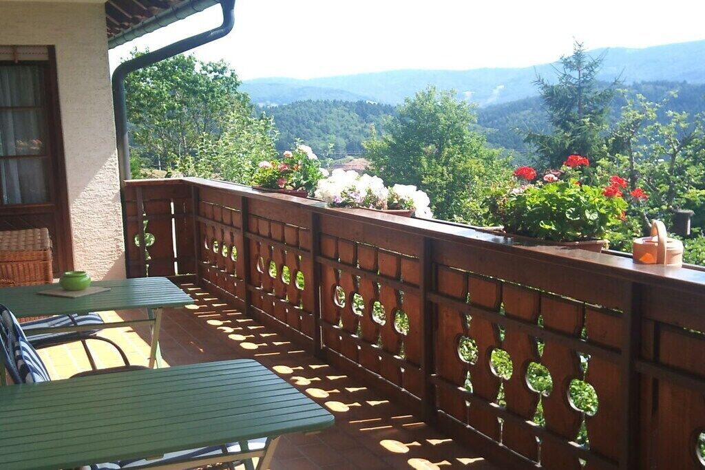 Un balcon offrant une vue sur un paysage montagneux, avec une balustrade en bois et des plantes en pot.