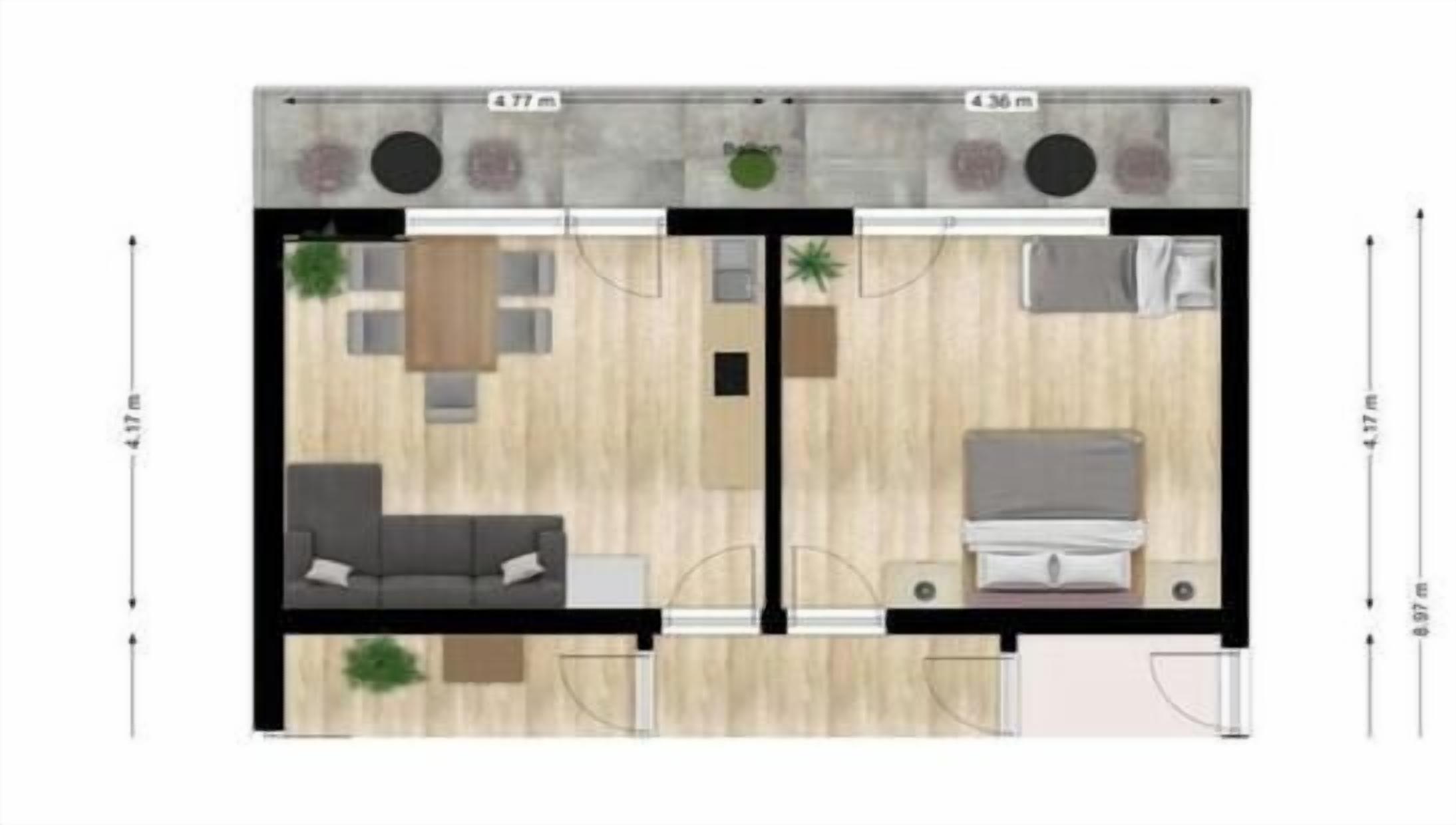 Een plattegrond van een hotelkamer met een kitchenette, een zithoek met een bank en een eettafel, en een afzonderlijke slaapkamer met een bed.