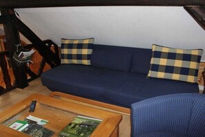 A room with a blue sofa, checkered pillows, a wooden coffee table with magazines, and a black chair. - Forester's Lodge Apartment Tawny Owl (Burg)